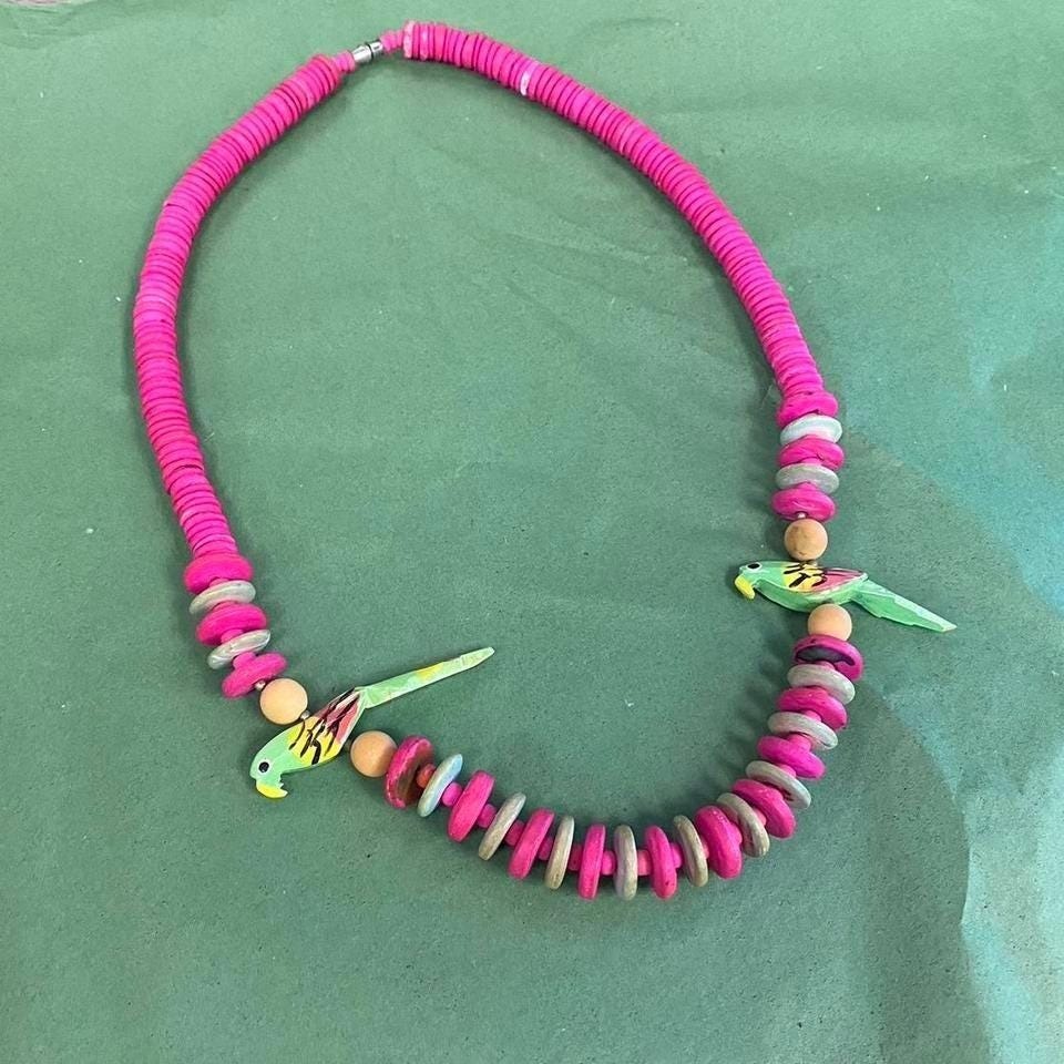 Handmade Pink & Green Wooden Parrot Necklace